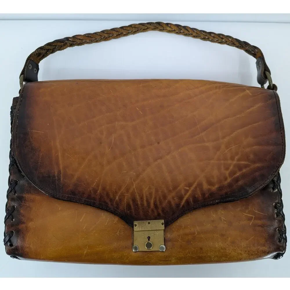 Vintage Tooled Leather Satchel, Whipstitch Boho Western Bag, Large, Brown Key